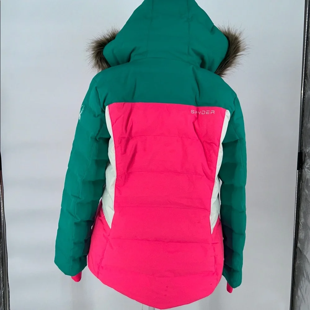Spyder Girls Insulated Ski Jacket Pink Green Faux Fur Hood Size 16 - Picture 15 of 16